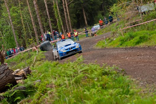 MALLOW, IRELAND - MAY 19: M. Cairns driving Subaru Impreza at the Jim Walsh Cork Forest Rally on May 19, 2012 in Mallow, Ireland. 4th round of the Valvoline National Forest Rally Championship.