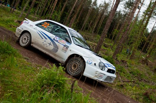 MALLOW, IRELAND - MAY 19: J. Connors driving Subaru Impreza at the Jim Walsh Cork Forest Rally on May 19, 2012 in Mallow, Ireland. 4th round of the Valvoline National Forest Rally Championship.