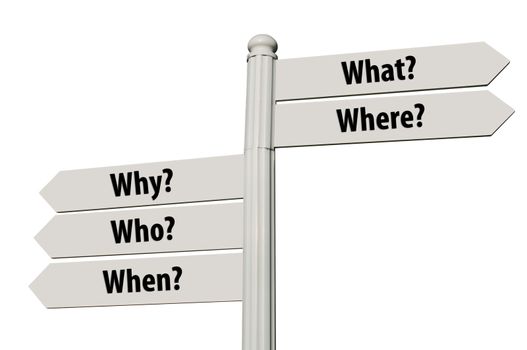 conceptual picture of a signpost with the five Ws (what, where, why, who, when) isolated on white background (all signs cleaned)