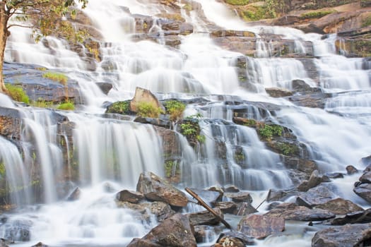 Beautiful waterfall from wild nature water creek forest.