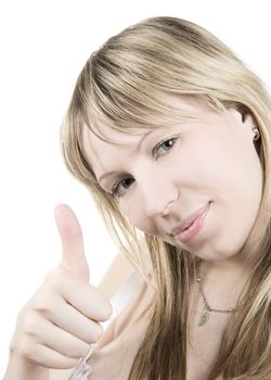 Girl smiling with her thumbs up  isolated on white