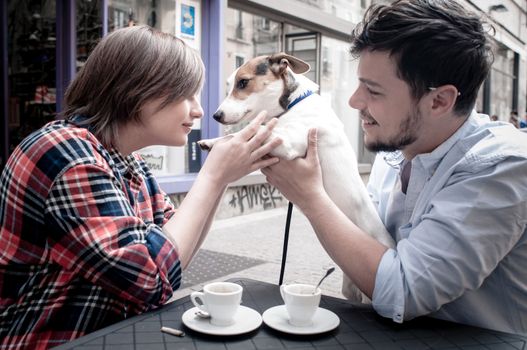 couple at the bar with jack russell in the city