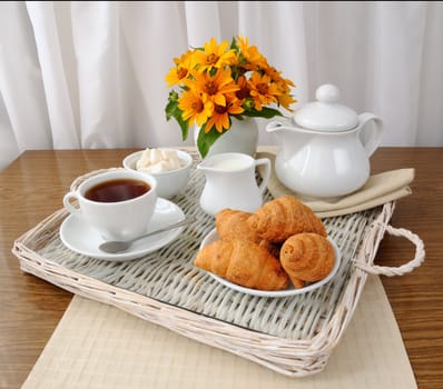 Breakfast with croissants with tea and milk on a tray