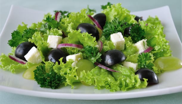 Salad of lettuce with cheese and grapes of different varieties