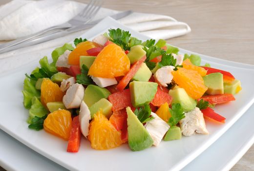 chicken salad with avocado, sweet peppers and oranges closeup