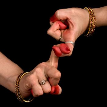 Woman hand showing Pasha hasta of indian classic dance Bharata Natyam