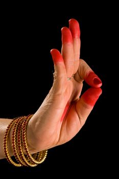 Woman hand showing Arala hasta (meaning bent) of indian classic dance Bharata Natyam