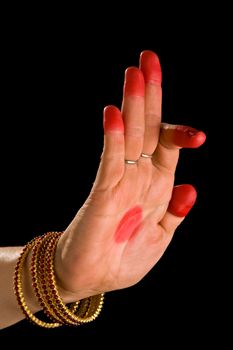 Woman hand showing Arala hasta (meaning bent) of indian classic dance Bharata Natyam