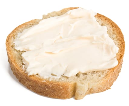 Slice of bread with cheese cream spread on it