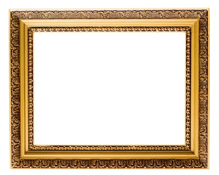 Empty gold plated wooden picture frame isolated on white backround