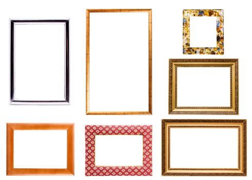 Collection of isolated empty picture frames on white background