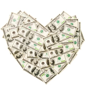Heart made of hundred dollar banknotes isolated on white background