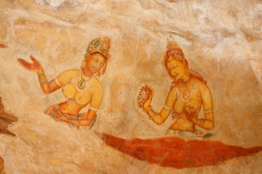 Famous ancient wall paintings (frescoes) at Sigirya, Sri Lanka