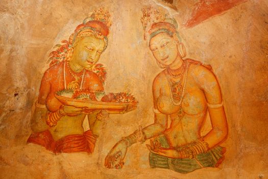 Ancient famous wall paintings (frescoes) at Sigirya, Sri Lanka