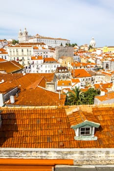 Panorama of old traditional city of Lisbon with red roofs