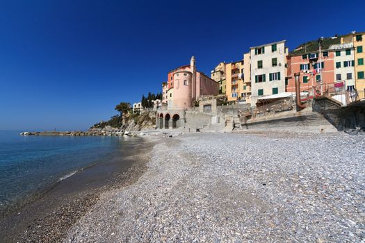 view from the seaside in Sori, small village in Liguria, Italy