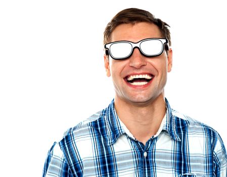 Young man enjoying himself after wearing shiny goggles