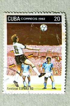 CUBA CIRCA 1982: stamp printed by CUBA, shows Spanish football finalists in 1982, CIRCA 1982