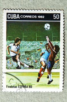 CUBA CIRCA 1982: stamp printed by CUBA, shows Spanish football finalists in 1982, CIRCA 1982