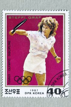 DPR KOREA CIRCA 1987: stamp printed by DPR KOREA, shows Steffi Graf, tennis winner. CIRCA 1987