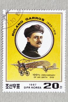 DPR KOREA CIRCA 1987: stamp printed by DPR KOREA, shows aviator ROLAND GARROS 1888-1918. 100TH ANNIVERSARY OF HIS BIRTH 1988 - CIRCA 1987.