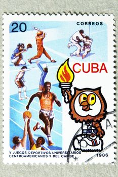 CUBA CIRCA 1986: stamp printed by CUBA, shows sports games baseball, wrestling, basketball, volleyball, athletics, CIRCA 1986