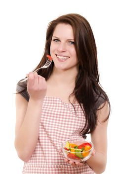 happy beautiful young woman eating salad on white background