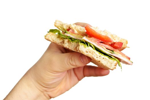 Man's hand holding bitten sandwich isolated on white