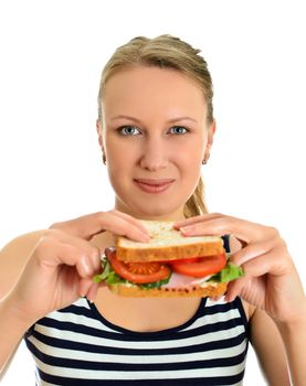 Attractive female with sandwich, isolated on white
