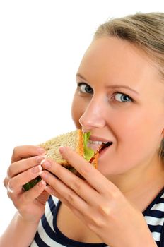 Attractive female eating sandwich, isolated on white