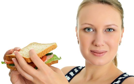 Attractive female with sandwich, isolated on white