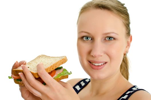 Attractive female with sandwich, isolated on white