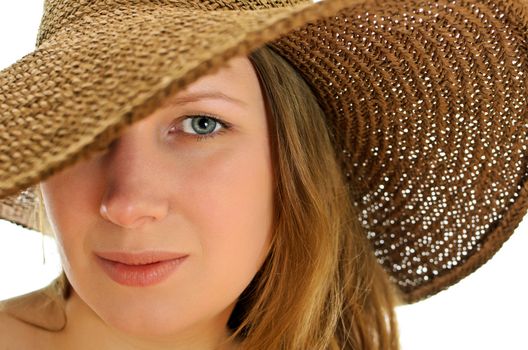 Close-up of attractive woman in hat, isolated on white