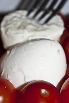 tomato and mozzarella cheese on fork with milk,macro