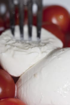 tomato and mozzarella cheese on fork with milk,macro