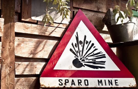 Land mine (Sparo mine) keep out warning sign. Danger mines sign