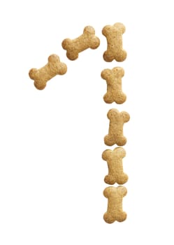 Number 1 made of bone shape dog food on white background, shot directly from above