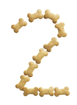 Number 2 made of bone shape dog food on white background, shot directly from above