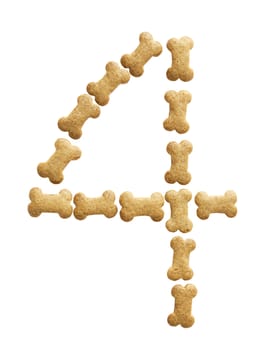 Number 4 made of bone shape dog food on white background, shot directly from above