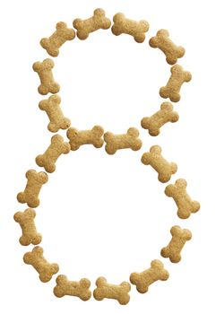 Number 8 made of bone shape dog food on white background, shot directly from above