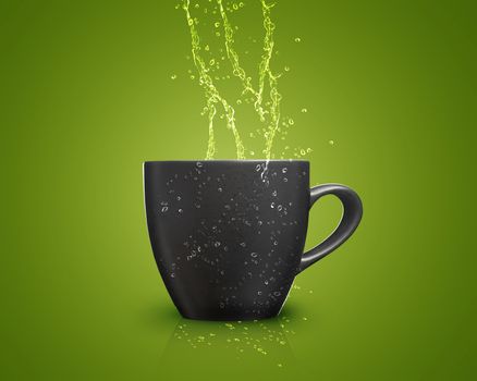 black mug with water splash on green background.