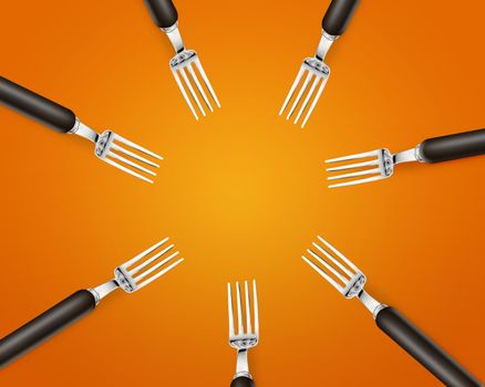 Empty copy space circle in set of forks on orange background.