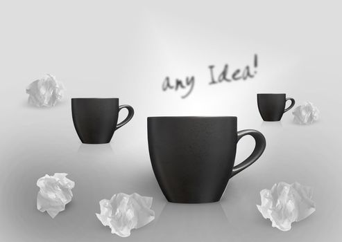 Creative Thinking With Brainstorming, three mugs and set of Crumpled paper around.