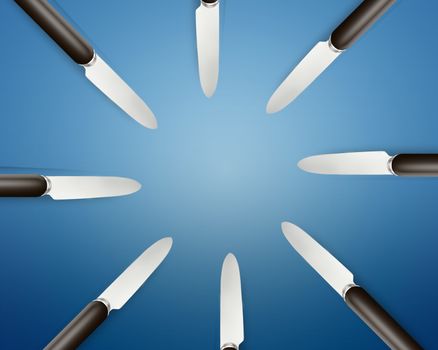 Empty copy space circle in set of knives on blue Background.