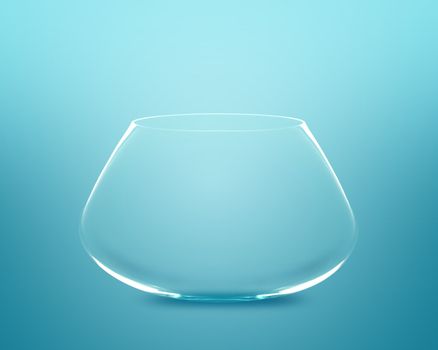 Empty fishbowl without water in front of blue background.