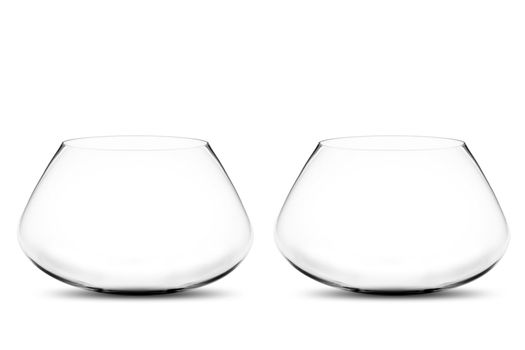 isolated Empty Two fishbowls without water in front of white background.