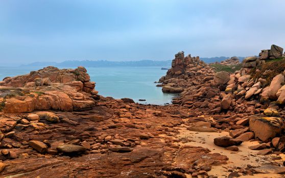 Impressive rocky landscape on the Pink Granite Coast in Brittany in the northwestern part of France.
