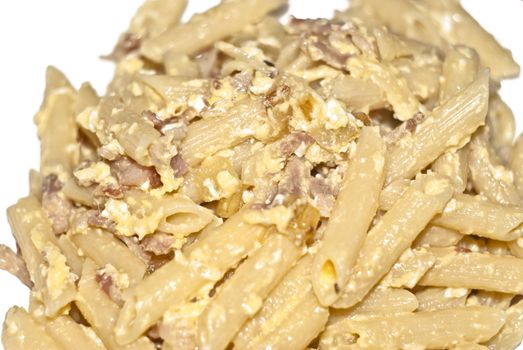 Penne carbonara with bacon, eggs, black pepper, olive oil,cheese