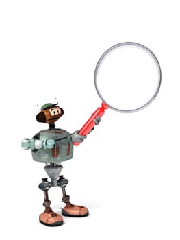 Djoby the Robot Holding Up a Magnifying Glass with a White Background