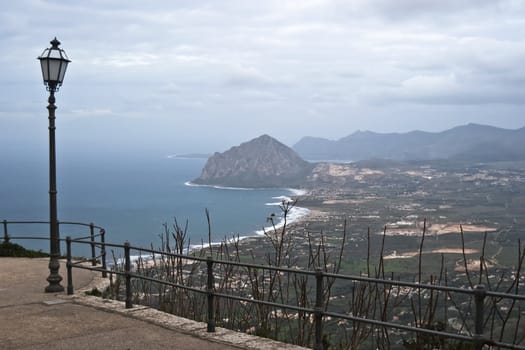 Italy, Sicily, view of Cofano mount and the Tyrrhenian coastline from Erice. Trapani